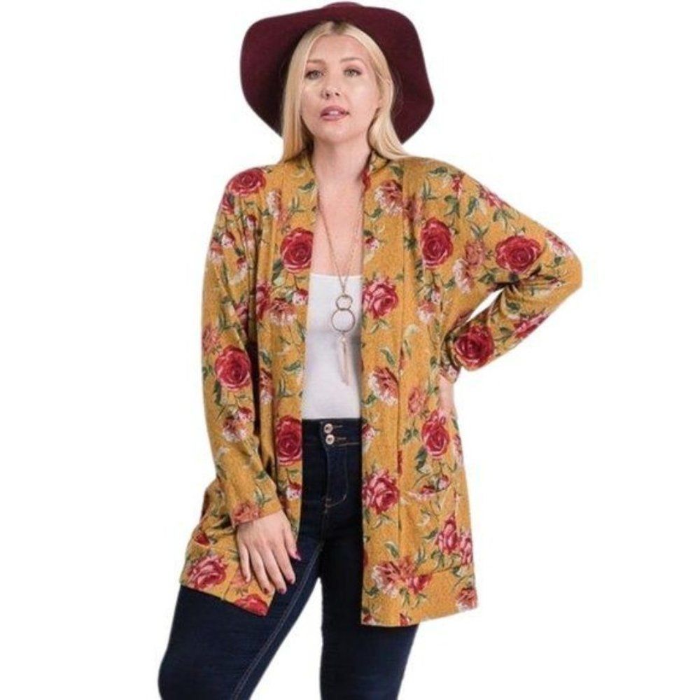 Mustard Yellow Flower Print Pocket Flower Print Hacci Cardigan